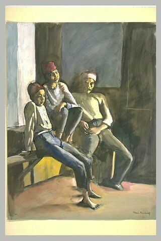 Trois jeunes Algériens assis sur un banc, dans l'angle d'une pièce