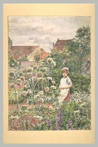 Jeune enfant dans un jardin très fleuri, tenant un panier