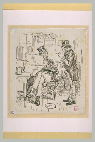 Un homme lisant un journal conversant avec un autre homme debout