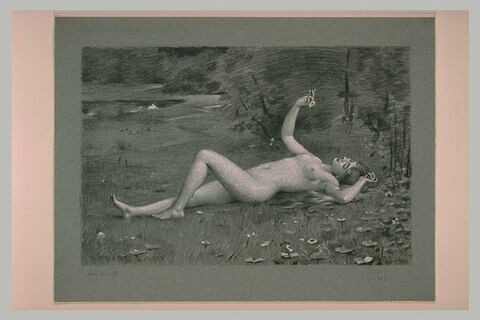 Jeune femme nue, étendue dans un pré, contemplant une marguerite
