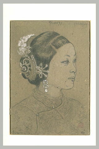 Tête de chinoise de Shanghaï, coiffée d'un chignon retenu dans une résille, image 2/2