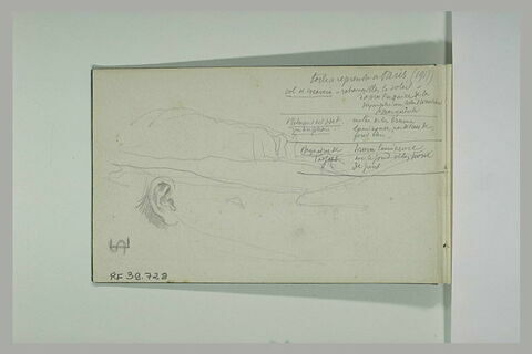 Notes manuscrites ; paysage avec des falaises ; oreille ; monogramme 'SL'