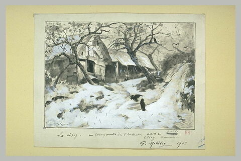 Cabane dans un paysage enneigé, avec deux corbeaux, à Clécy