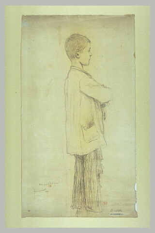 Jeune garçon , en blouse, de profil à droite