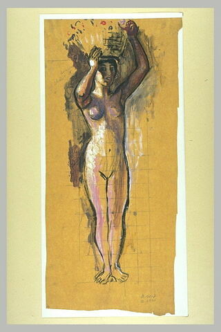 Femme algérienne debout, nue de face, les bras levés soutenant une corbeille