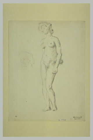 Femme nue debout, main droite derrière le dos, et reprise de la tête, image 1/1