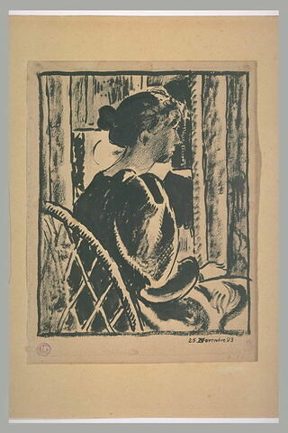 Portrait de femme assise, de trois quarts, de dos