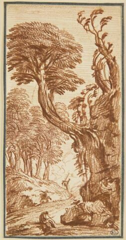 Figure se reposant au pied d'un rocher supportant un arbre tordu, image 1/2