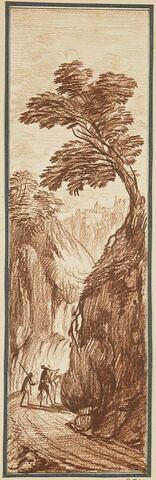 Deux figures sur une route bordée de rochers et d'arbres, image 1/2