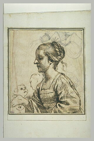 Femme vue en buste, de profil vers la gauche ; enfant ; costume de femme