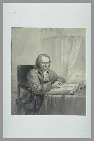 Portrait d'homme assis dans un fauteuil, lisant dans un gros manuscrit, image 1/1