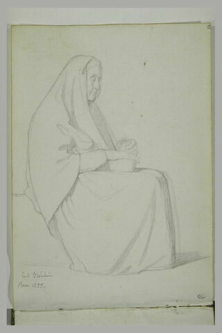 Vieille femme drapée, assise, vue de profil