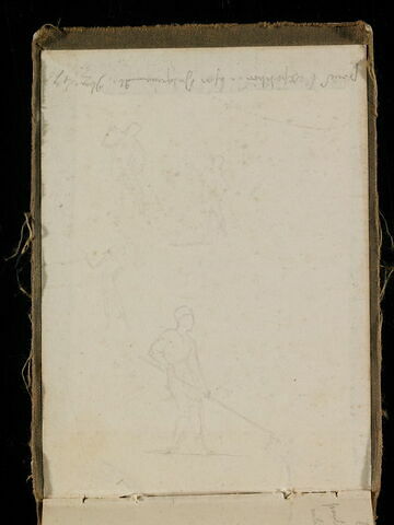 Etudes de personnages tenant un bâton ; note manuscrite