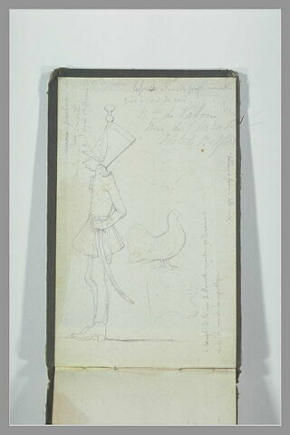 Caricature de militaire ; pigeon ramier ; notes manuscrites, image 1/1