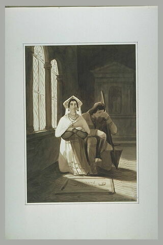 Couple agenouillé dans une chapelle, devant une dalle