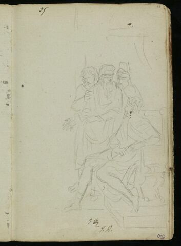 Trois hommes debout entourant un roi couronné assis sur un trône, image 1/1