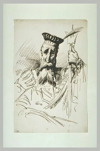 Caricature : juge coiffé d'une calotte, tenant un sceptre à trois pointes
