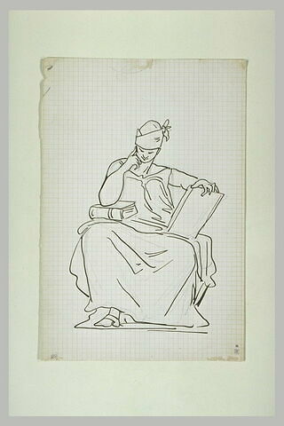 Figure drapée assise, tenant un livre, le coude posé sur un livre fermé