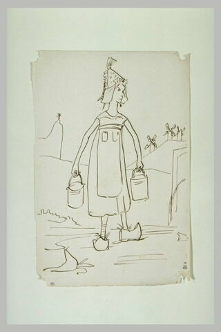 Croquis caricatural : paysanne hollandaise, en sabots, portant des seaux, image 1/1