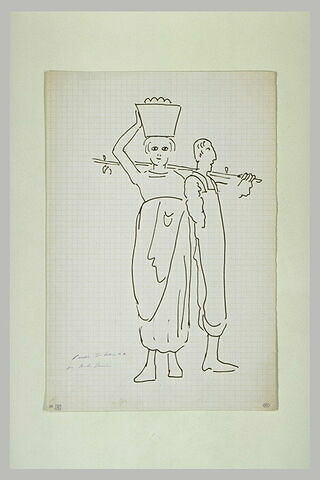 Croquis caricatural : femme portant un panier et l'homme un bâton