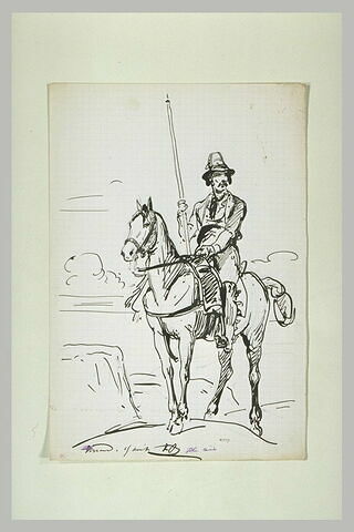 Homme à cheval, coiffé d'un chapeau et tenant une pique