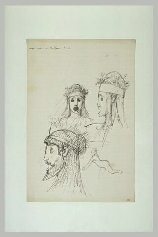 Etudes : trois têtes ornées de masques de théâtre antique et une femme