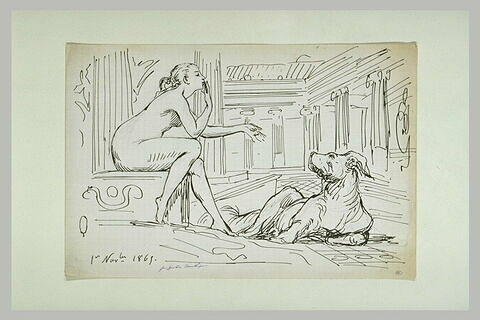 Dans un palais, femme nue, assise, envoyant un baiser à un chien, image 1/1