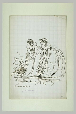 Deux femmes, portant des robes aux profonds décolletés, penchées en avant