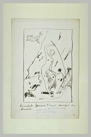 Scène caricaturale : jeune femme nue tenant une canne à pêche