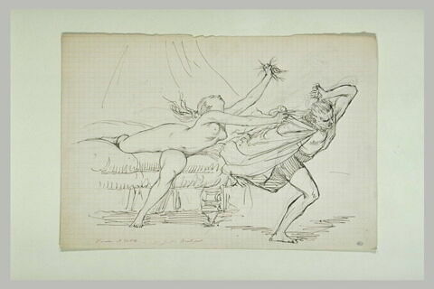 Femme nue sur un lit retenant un homme par sa cape, image 1/1
