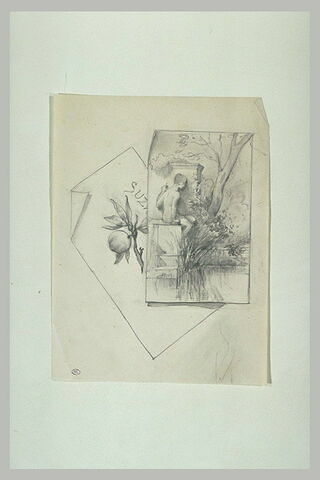 Trompe-l'oeil avec carte ornée d'un fruit et d'un nu assis au bord de l'eau, image 1/1