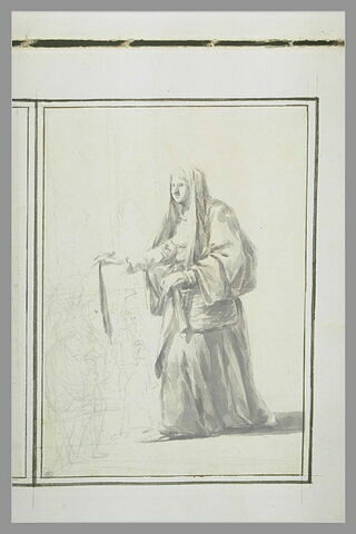 Femme voilée avec une besace en bandoulière devant deux autres scènes