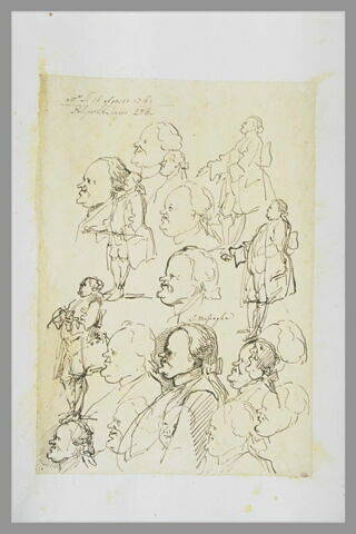 Dix-huit croquis caricaturaux d'un homme joufflu, de profil, image 1/1