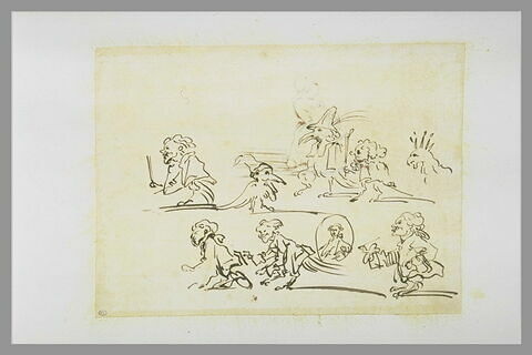 Cinq caricatures d'un peintre et trois croquis de personnes 'en volaille'