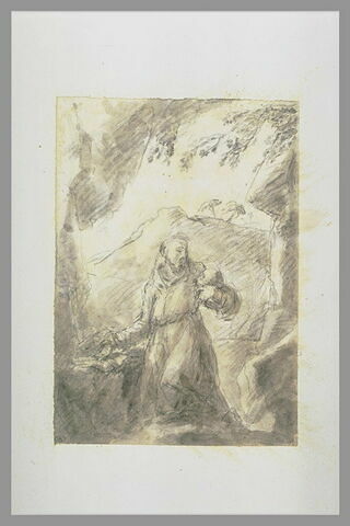 Saint François agenouillé à l'entrée d'un grotte