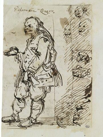 Caricature d'un homme debout, vu de profil ; têtes caricaturées, image 1/2