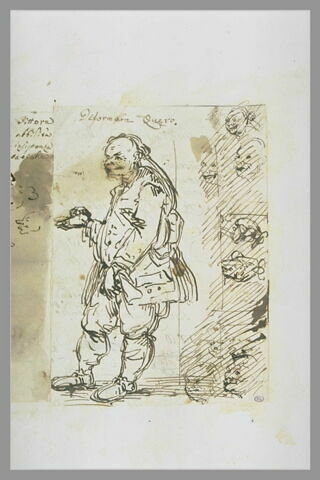Caricature d'un homme debout, vu de profil ; têtes caricaturées, image 2/2