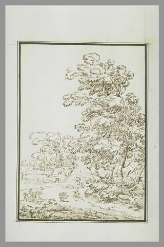 Paysage scandé de grands arbres et de figures cheminant, image 1/1