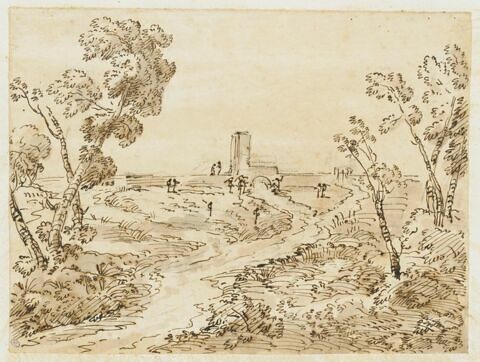 Paysage avec un chemin menant à un bâtiment fortifié, image 1/2