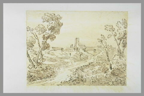 Paysage avec un chemin menant à un bâtiment fortifié, image 2/2