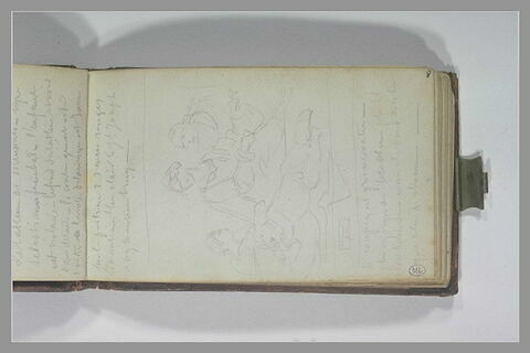 Notes manuscrites ; enfant entouré de trois personnages