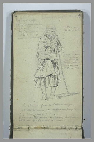 Une figure, debout, appuyée sur un bâton, et notes manuscrites