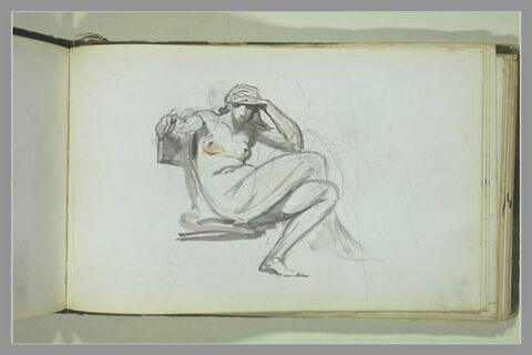 Femme nue assise, les jambes croisées, la main gauche sur le front, image 1/1