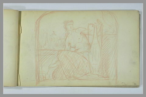 Femme, la poitrine dénudée, peignant un vase dans un atelier de céramiste