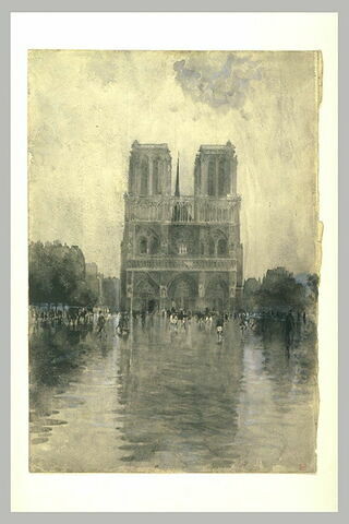 Paris, cathédrale Notre-Dame : la façade occidentale après une averse