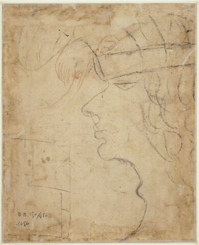 Tête caricaturale de jeune homme de profil, et fragment de plan (?)