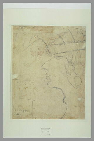 Tête caricaturale de jeune homme de profil, et fragment de plan (?), image 2/2