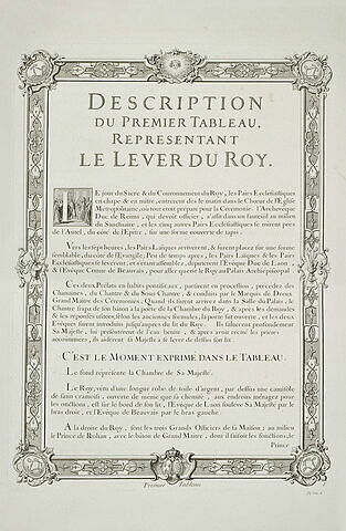 Description du premier tableau représentant le Lever du Roy : texte gravé