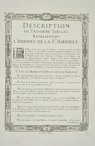 Description du tableau de l'arrivée de la Sainte Ampoule : texte gravé