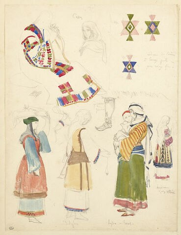 Cinq études de costumes grecs féminins
